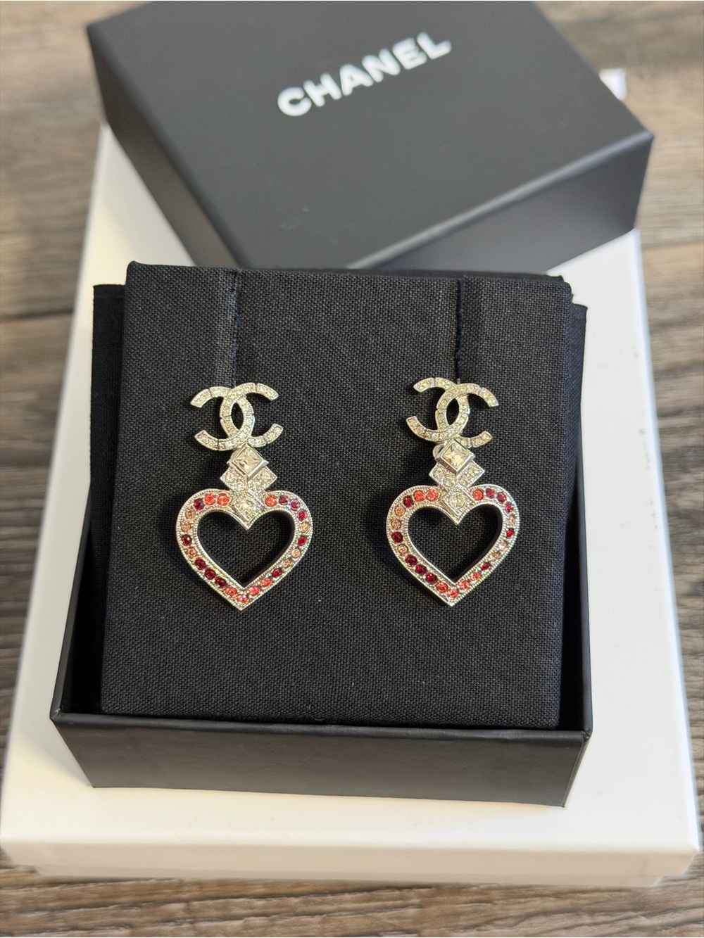 Chanel Red Pink Crystal CC Heart Dangle Silver Earrings